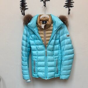 Bogner Light Blue Puffer Jacket with Fur Trim